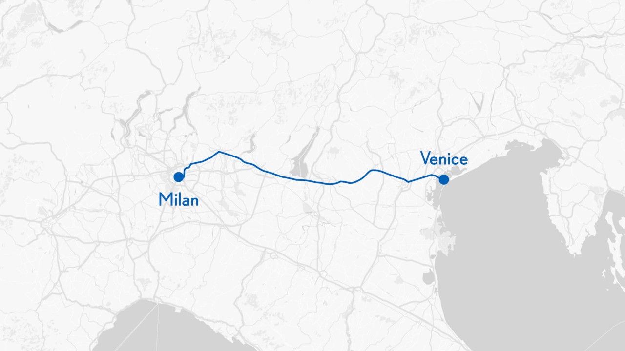Milan to Venice on a map